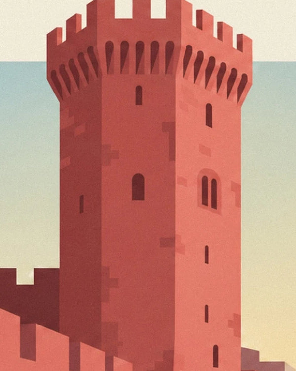 Der rote Turm des Castillet mit seinen Zinnen und schmalen Fenstern
