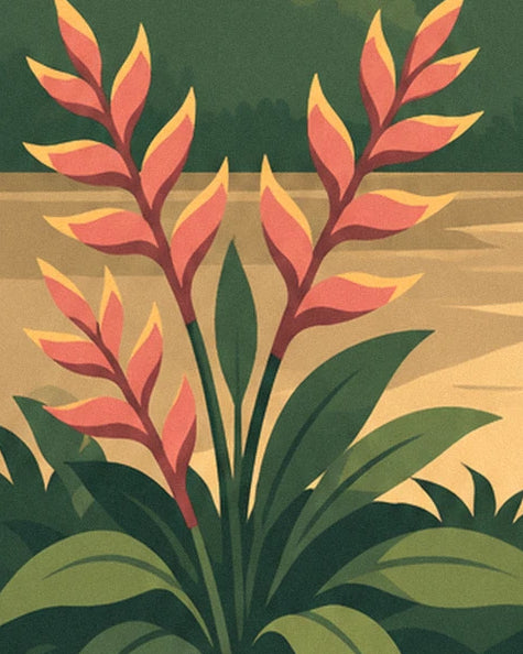 Die korallroten Blüten mit gelbem Rand und ihr grünes Laub am Flussufer
