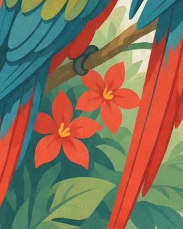 Die roten Blüten unter dem Ast, zwischen den blauen Federn und den langen roten Schwänzen