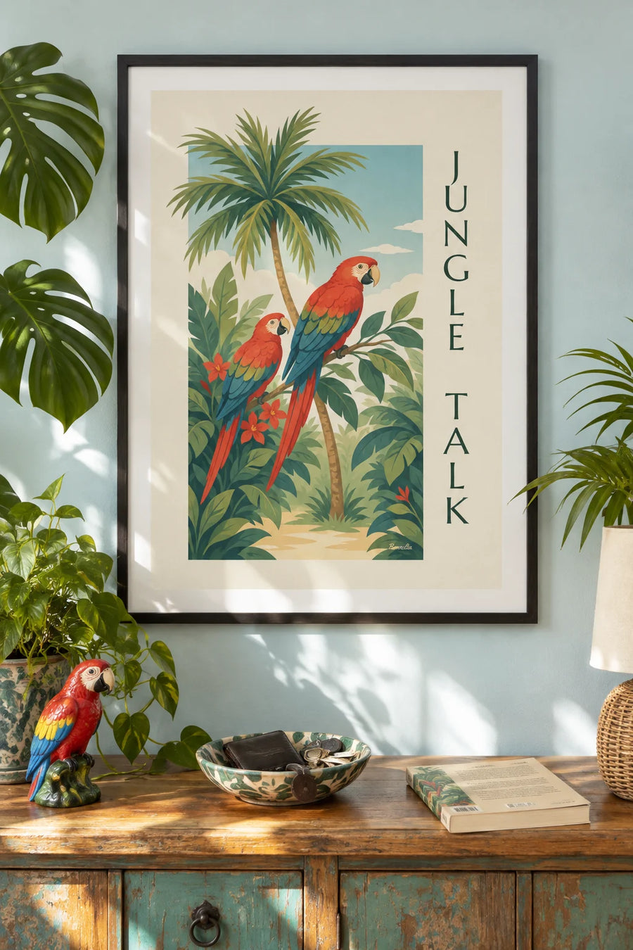 Poster tropische Papageien auf einem Dschungelast: gerahmt an der Wand