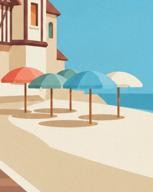 Coral, green, blue and cream parasols on the sand, facing the sea at Deauville