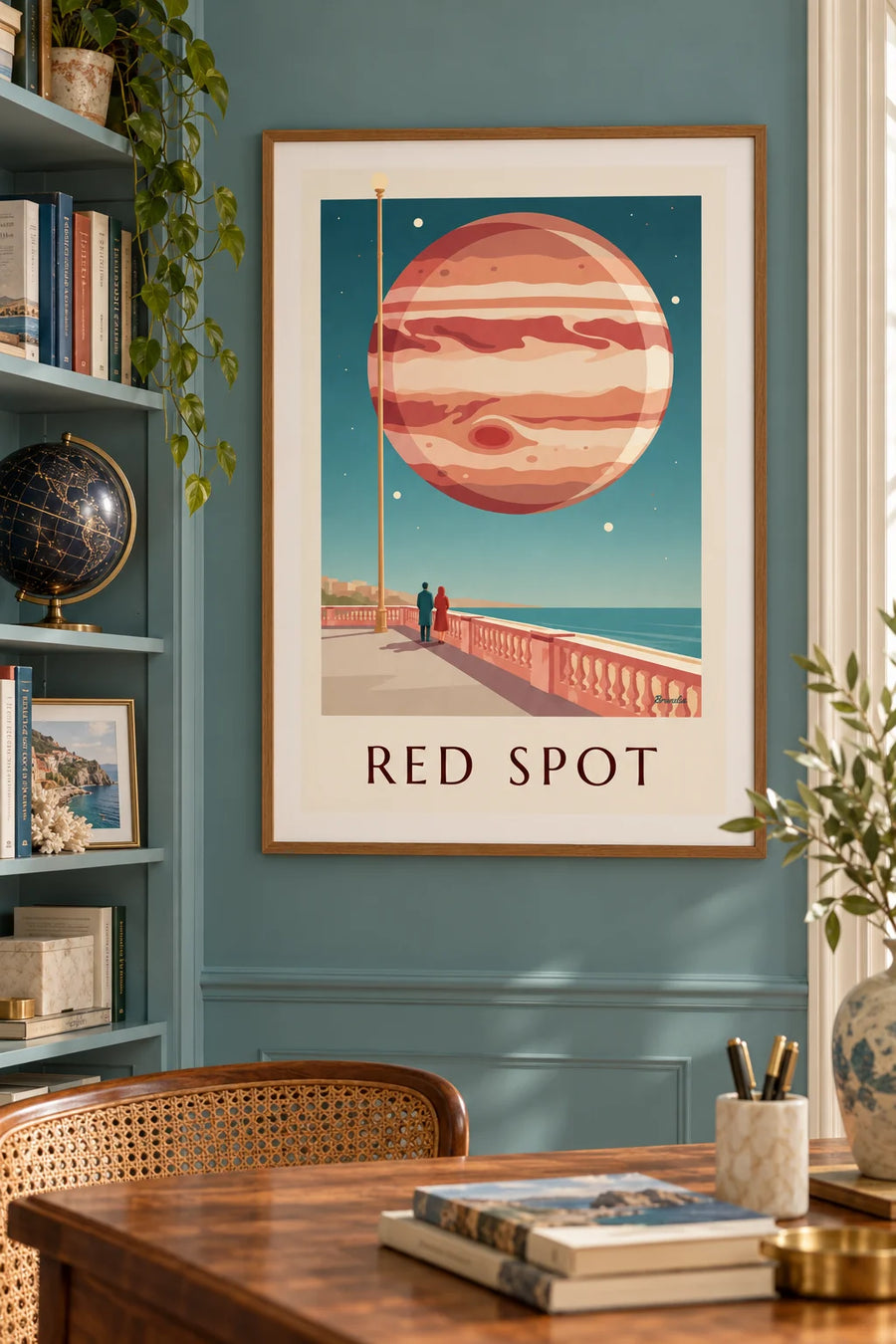 Poster Planet Jupiter mit dem Großen Roten Fleck am Himmel: gerahmt an der Wand