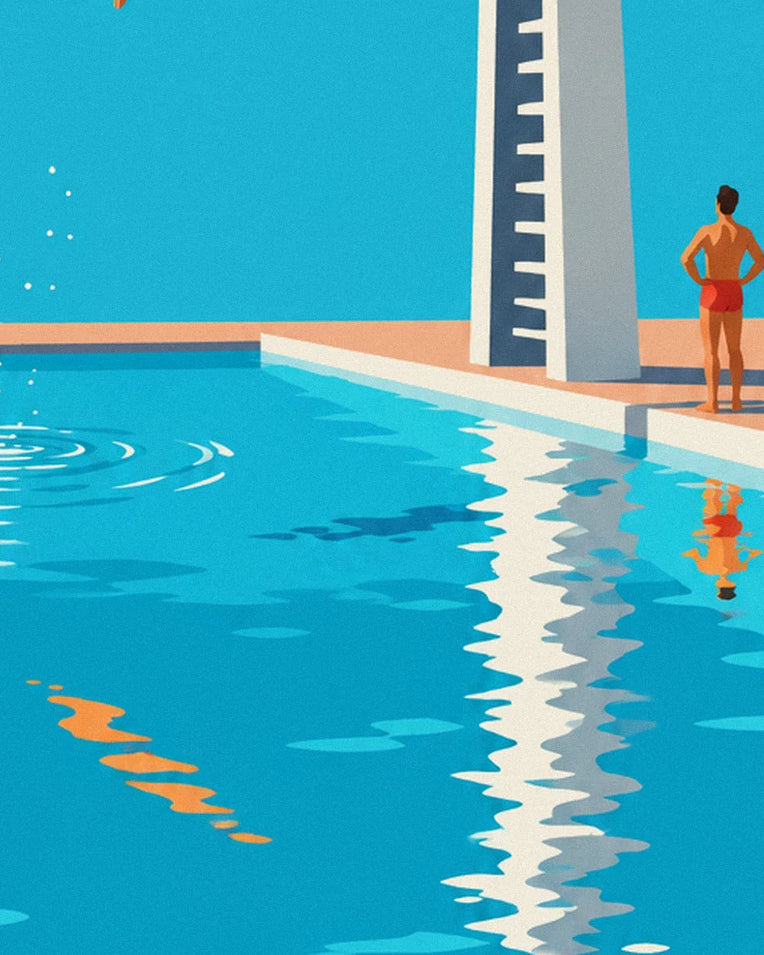 Poster Turmspringer im Sprung über einem Schwimmbecken: Detail in Nahaufnahme