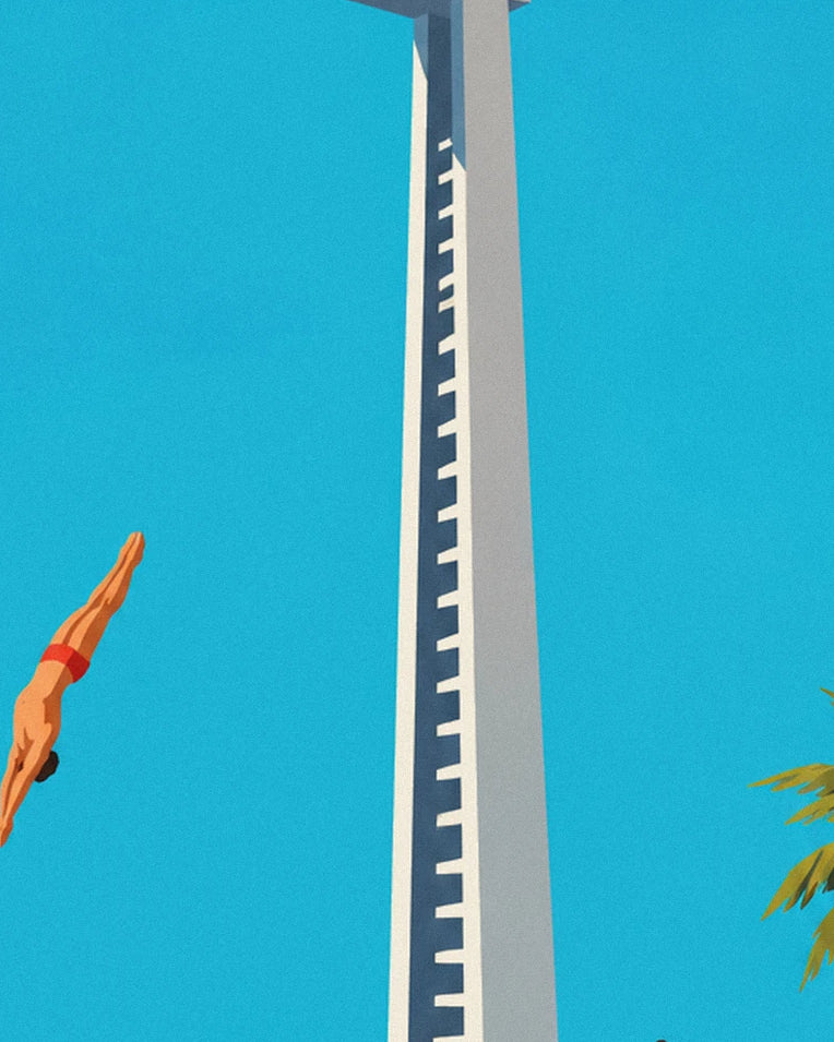 Poster Turmspringer im Sprung über einem Schwimmbecken: Detail in Nahaufnahme
