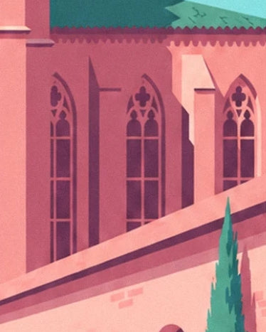 Die gotischen Fenster der rosa Fassade über dem abfallenden Dach des Kreuzgangs