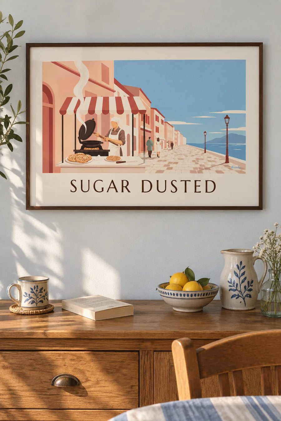 Poster Waffeln mit Puderzucker an einem Marktstand: gerahmt an der Wand
