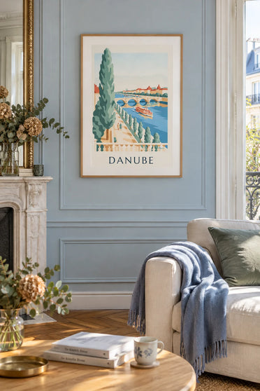 Affiche promenade au bord du Danube et bateau à aubes : encadrée au mur