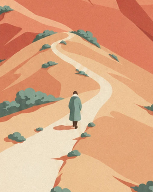 The walker in a sea green coat on the pale path winding through the ochre landscape