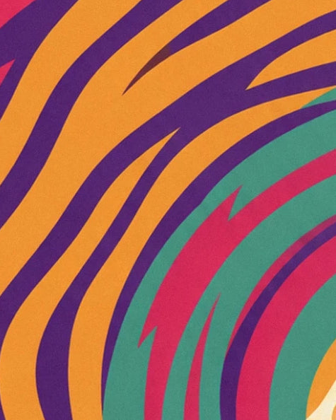 Die ineinander verschlungenen psychedelischen Kurven in Orange, Violett, Grün und Rosa