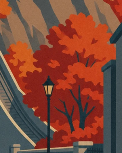 The black lamppost in front of the red-orange trees and the cliffside staircase