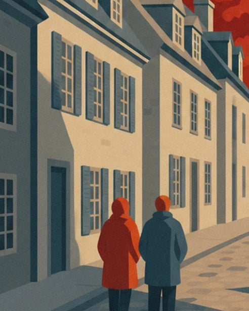 The two walkers in red and blue coats in front of the houses with blue shutters in Québec
