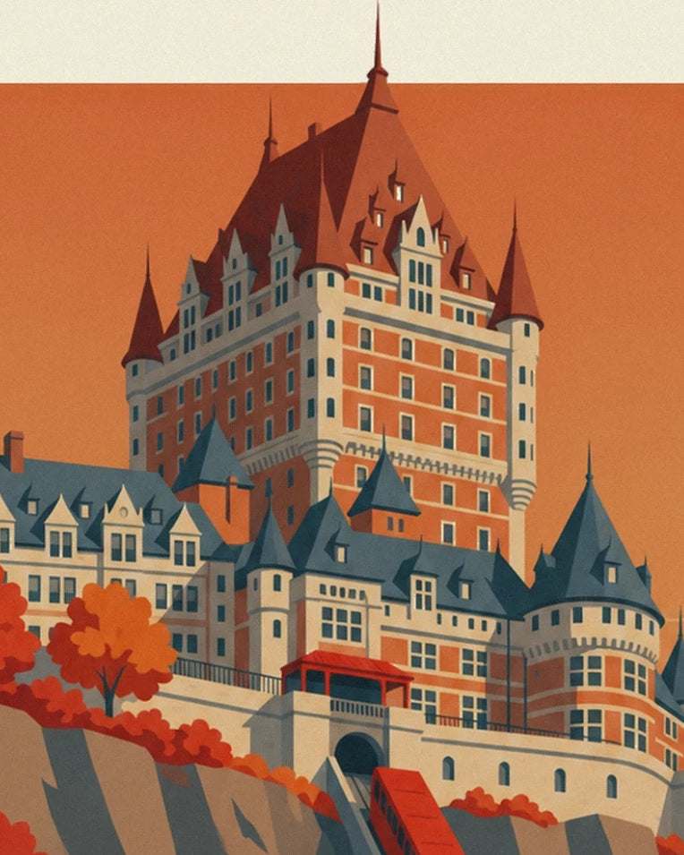 Château Frontenac with its pointed roofs, between orange foliage and a copper-coloured sky