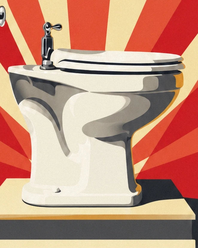 The white toilet bowl with its lid closed and chrome tap against a red sunburst background