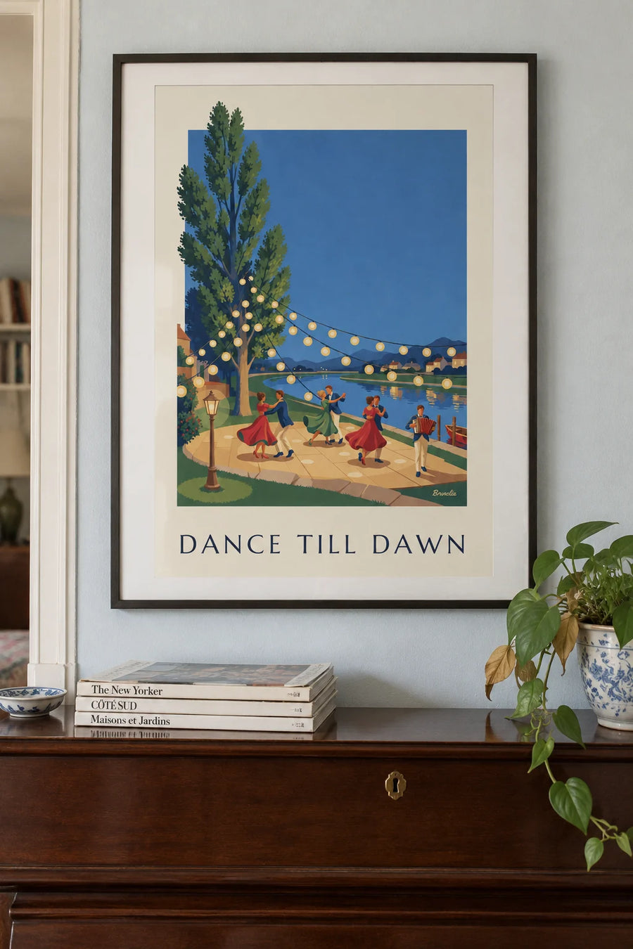 Poster Guinguette-Ball, Tanzende unter Lampions am Wasser: gerahmt an der Wand