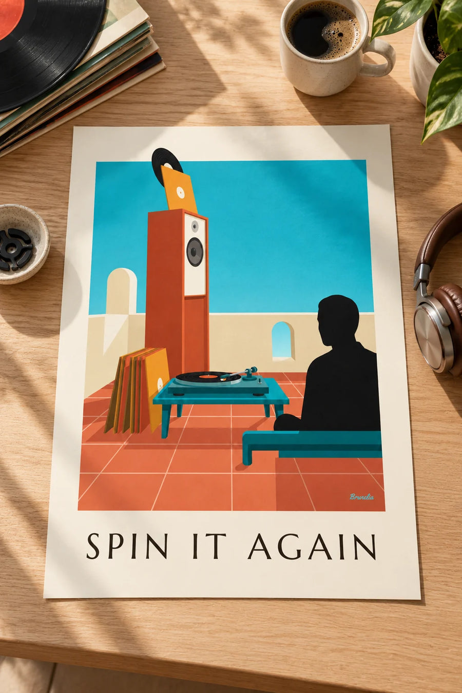 Poster Plattenspieler mit rotierender Schallplatte: auf einem Tisch