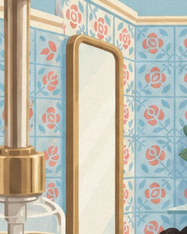 Der goldgerahmte Spiegel, umgeben von blauen Fliesen mit rosa Blumen