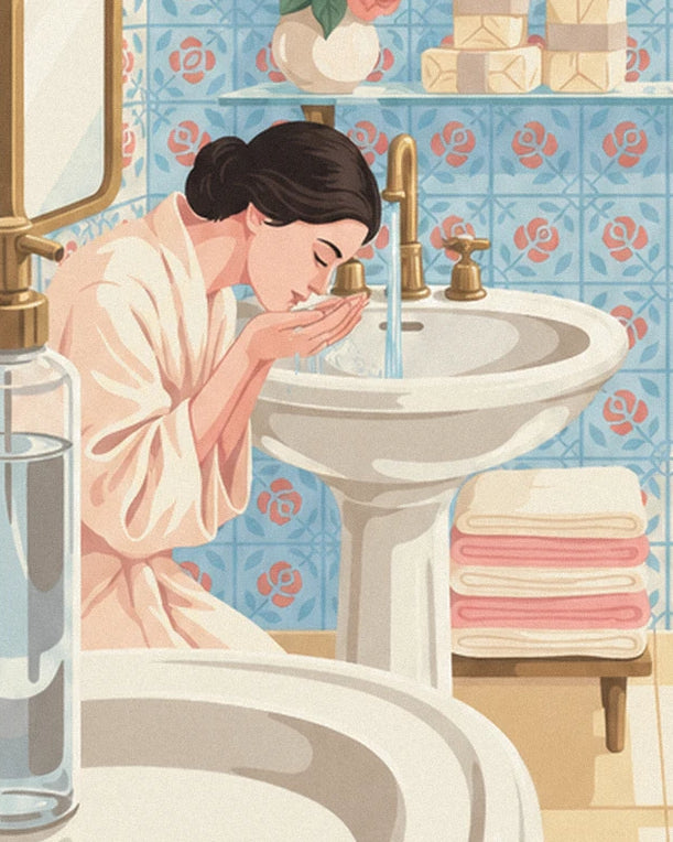 Eine Frau im Morgenmantel an einem Porzellanwaschbecken, zwischen goldenem Wasserhahn und rosa Handtüchern