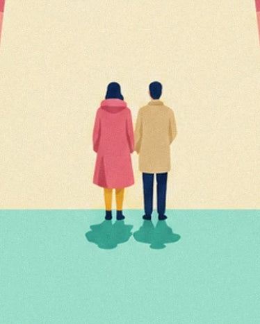 The couple seen from behind in pink and beige coats on mint green ground