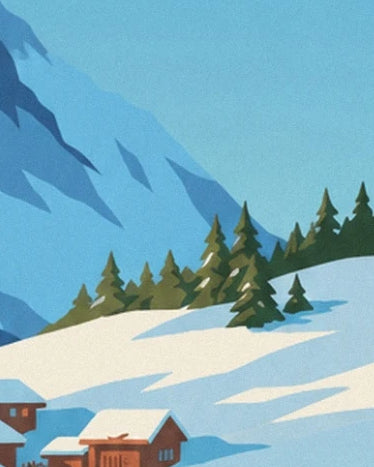 Die grünen Tannen am verschneiten Hang oberhalb der Chalets mit weißen Dächern
