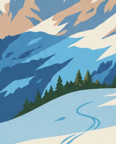 Der gewundene Pfad im Schnee am Fuß grüner Tannen und blauer Berge
