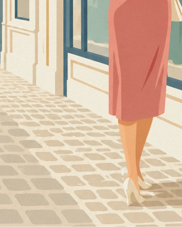 Ein rosa Kleid, cremefarbene Pumps und beige Pflastersteine bei einem Bummel an den Schaufenstern entlang