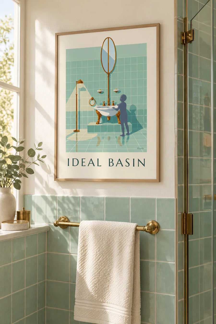 Affiche lavabo en porcelaine sur pieds pour salle de bain : encadrée au mur
