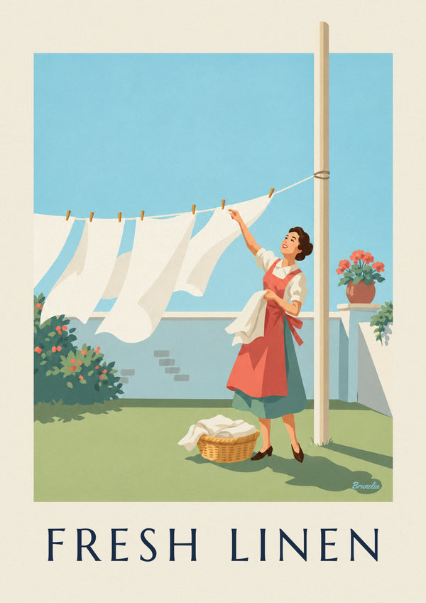 Poster Hausfrau, die im Garten ihre weiße Wäsche aufhängt