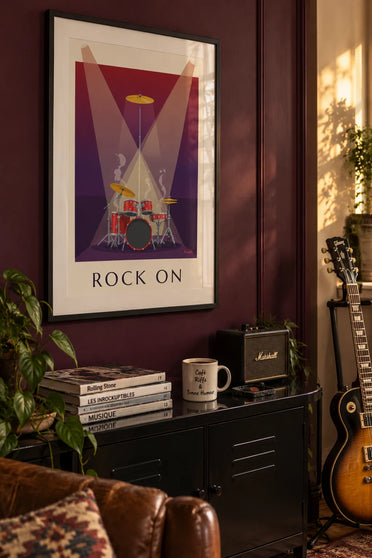 Poster Rock-Schlagzeug auf der Bühne im Scheinwerferlicht: gerahmt an der Wand