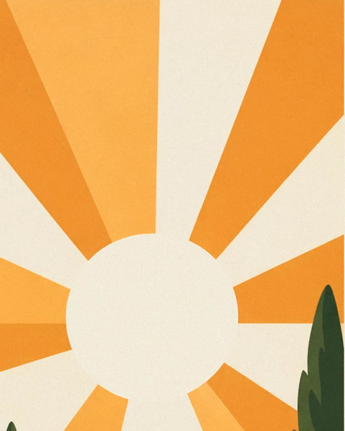 Die cremefarbene Sonne mit breiten orangefarbenen Strahlen und eine grüne Zypresse am Rand