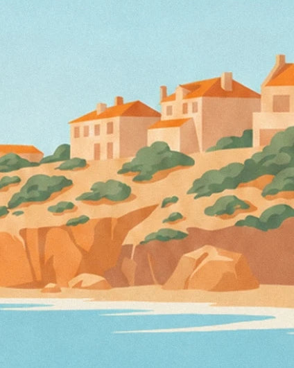Die Häuser mit orangefarbenen Dächern über den Klippen und Felsen von Jeffreys Bay