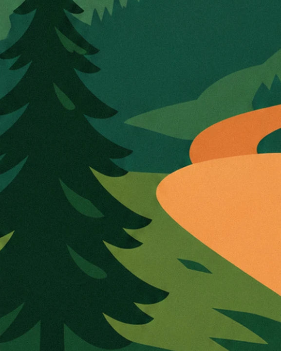 A tall dark green fir tree beside the orange road winding through the mountains