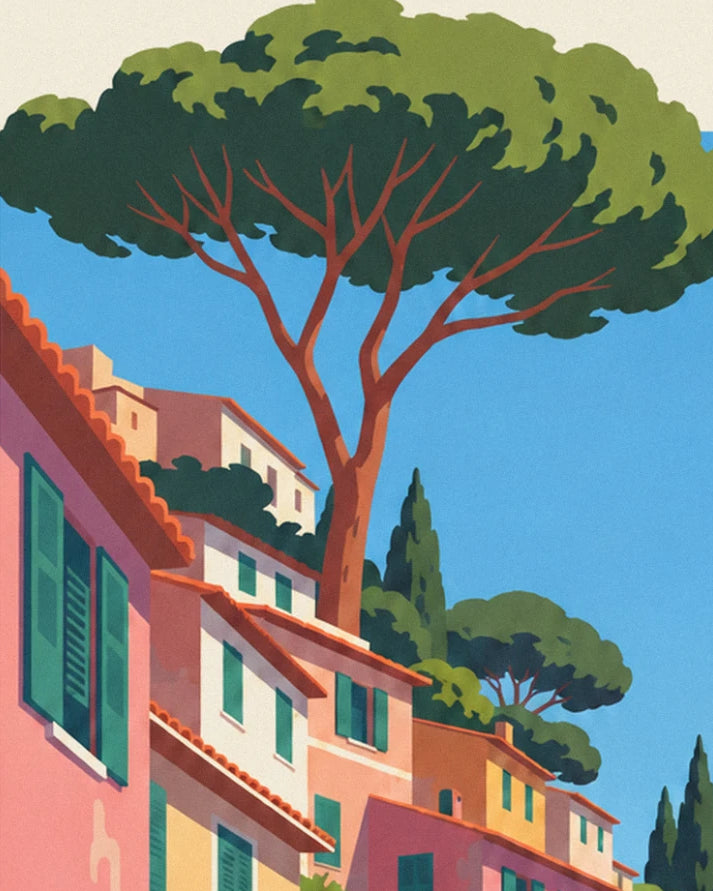 A large umbrella pine above the pink and ochre façades with green shutters