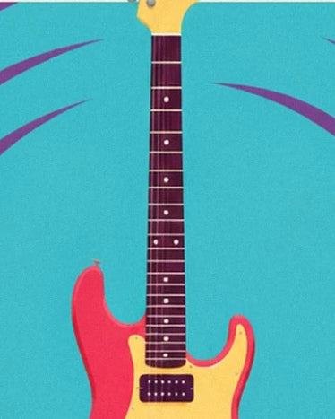 A red and yellow electric guitar with a long dark neck against a turquoise background