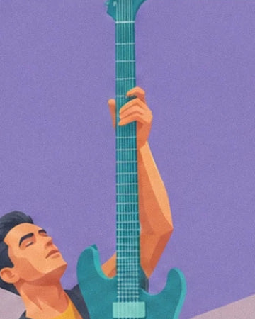 The guitarist and his turquoise electric guitar with its neck raised against a purple background