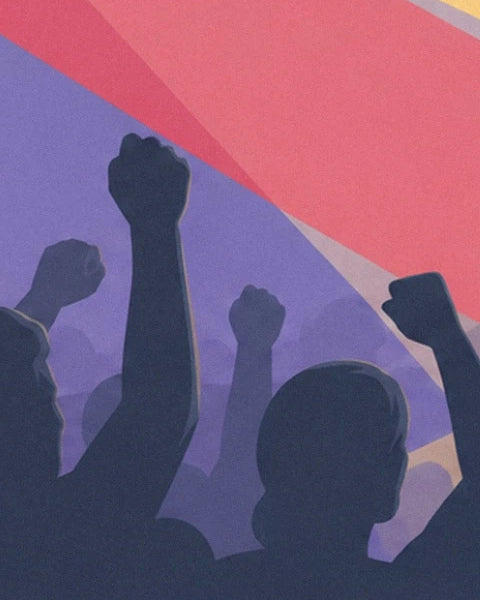 Audience silhouettes with raised fists beneath pink and purple beams of light