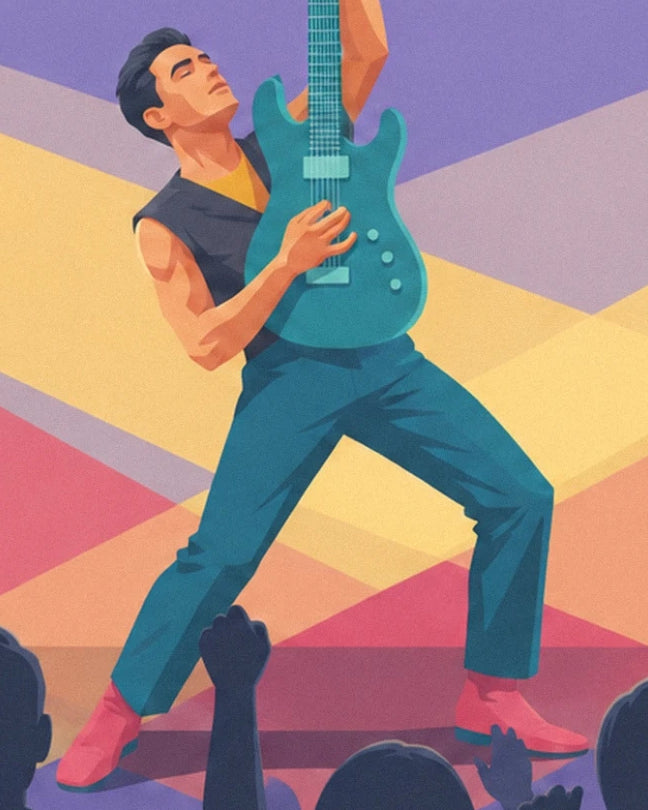 The guitarist in blue trousers and pink ankle boots, his turquoise guitar held upright