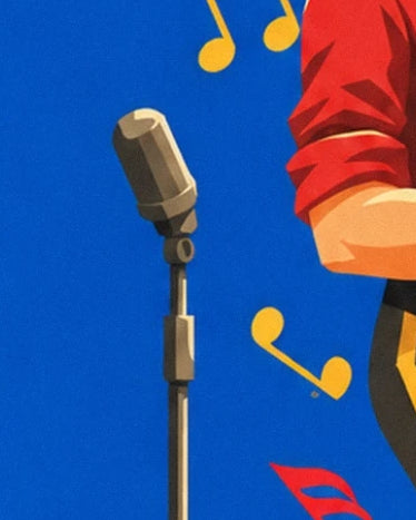 The microphone on its stand surrounded by yellow notes, beside a red sleeve