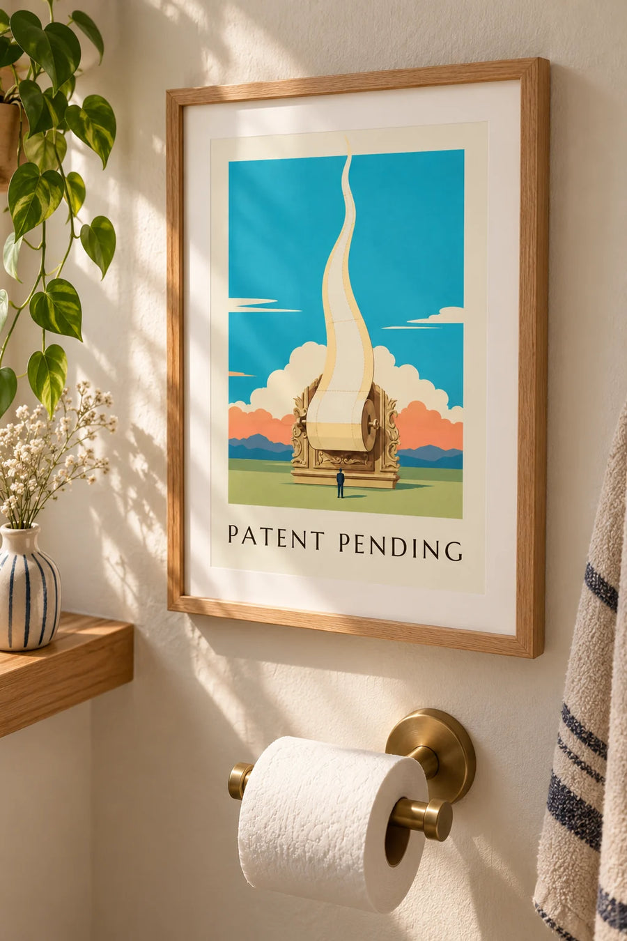 Affiche rouleau de papier toilette géant qui s'envole vers le ciel : petit format A4 encadré