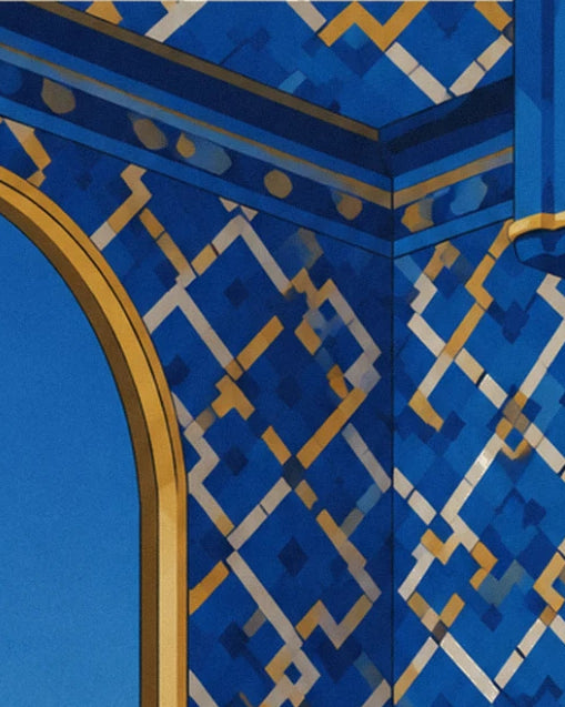 Blue mosaic with gold and cream diamonds around an arch with gold trim