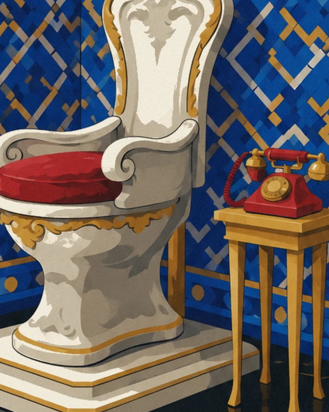 The white and gold throne with a red cushion and a red rotary telephone on the golden table