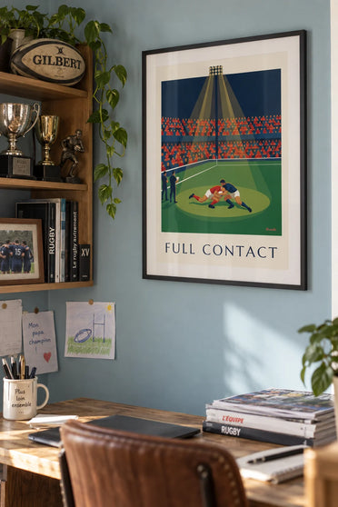 Poster Rugby-Tackle im vollen Lauf im Stadion: gerahmt an der Wand