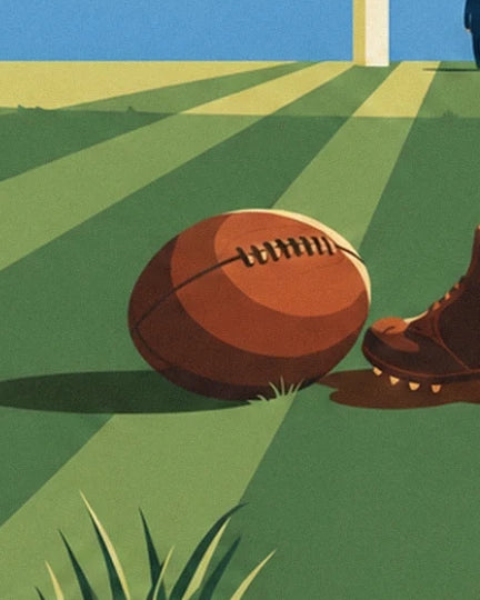 Le ballon ovale en cuir brun et ses lacets noirs sur la pelouse rayée