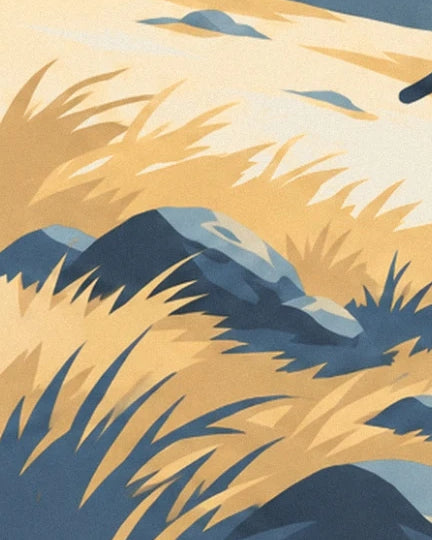 The slate blue rocks among golden grasses and sharp shadows