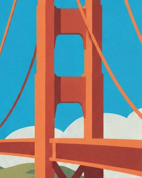 The orange-red tower of the Golden Gate and its cables against the blue sky