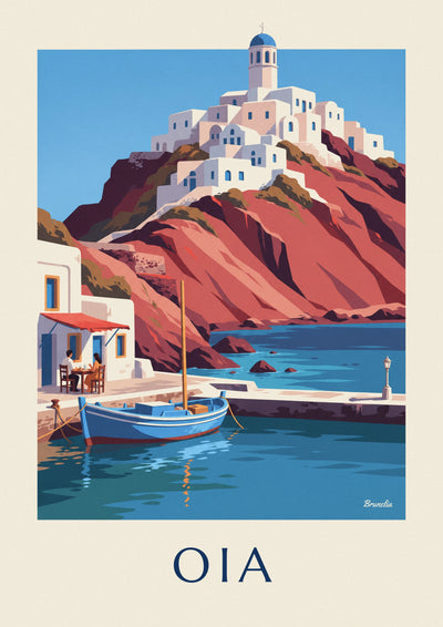 Affiche barque bleue au port d'Ammoudi sous le village d'Oia : l'affiche entière
