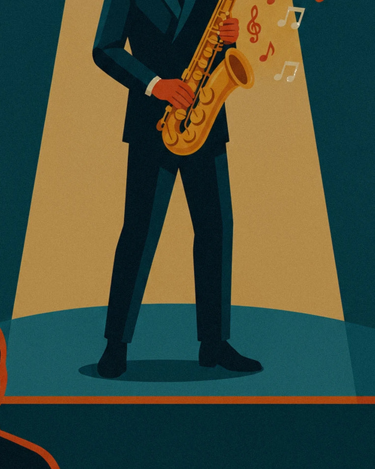 Poster goldenes Saxophon im Lichtkegel, Jazz-Wandbild: Detail in Nahaufnahme