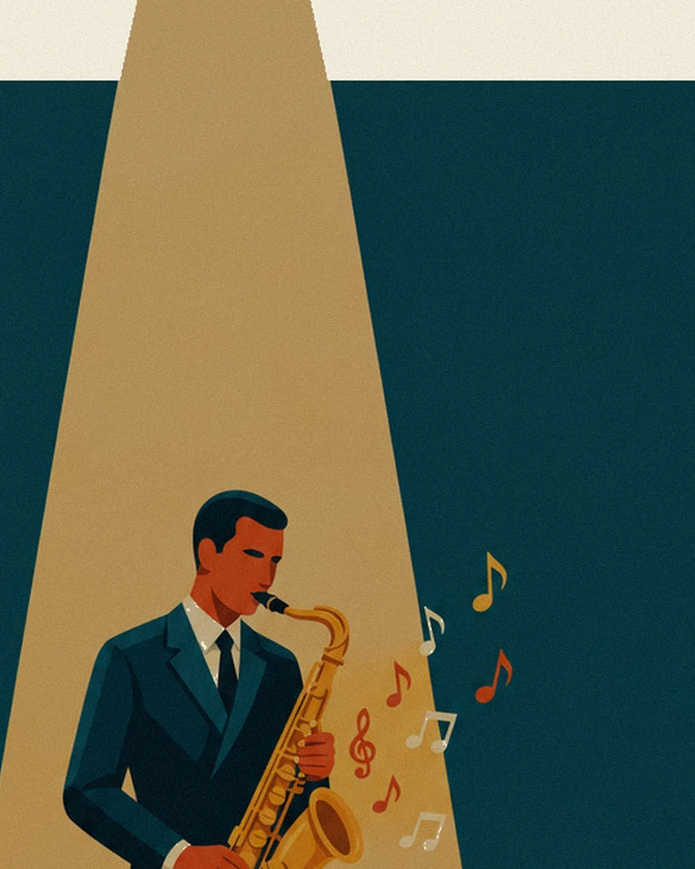 Poster goldenes Saxophon im Lichtkegel, Jazz-Wandbild: Detail in Nahaufnahme