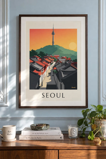Poster traditionelle Dächer des Viertels Bukchon in Seoul: gerahmt an der Wand