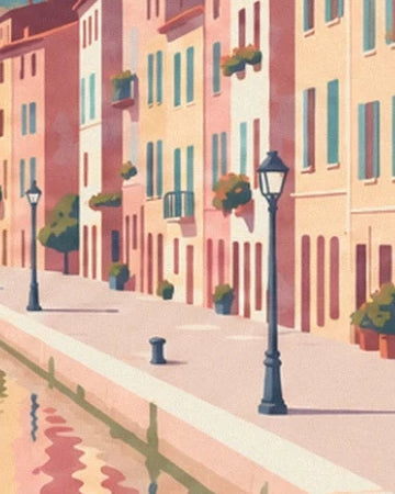 The pastel façades with turquoise shutters and black street lamps beside the canal