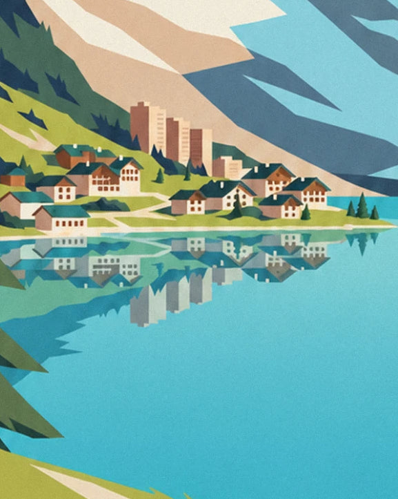 Die Chalets von Tignes und ihre dunklen Dächer, die sich im türkisfarbenen See spiegeln